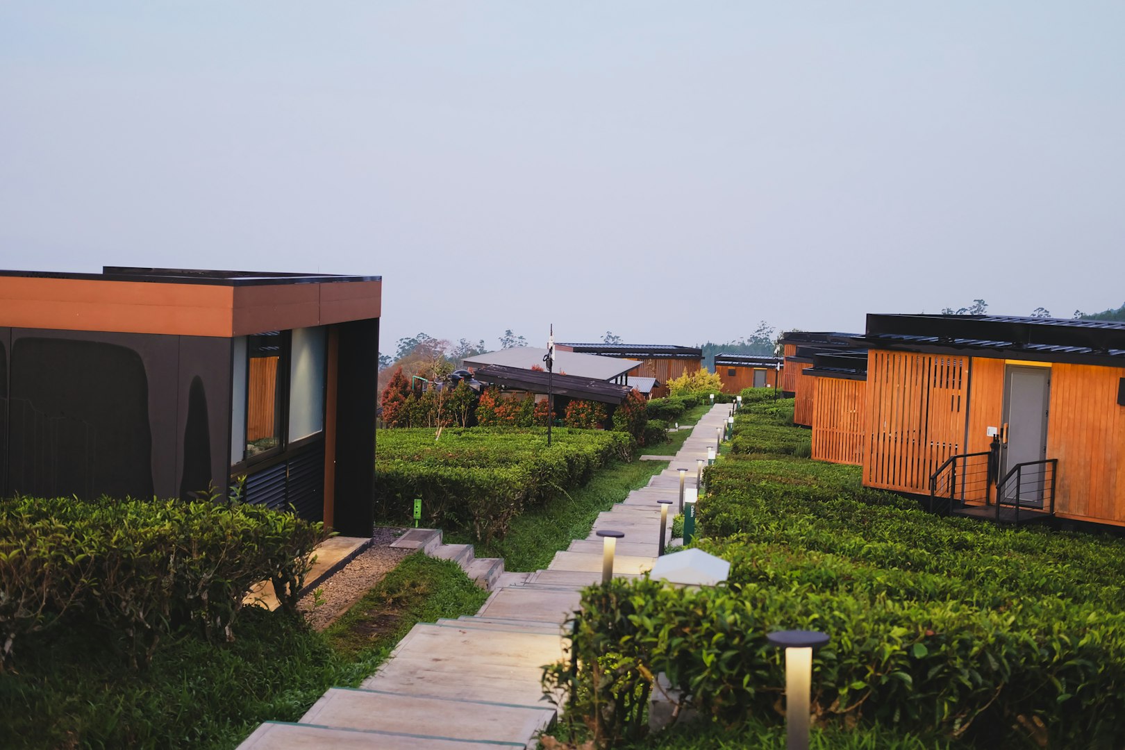 Modern wooden cabins line a neatly paved pathway bordered by trimmed greenery. The tranquil scene is bathed in soft, natural light, evoking serenity.