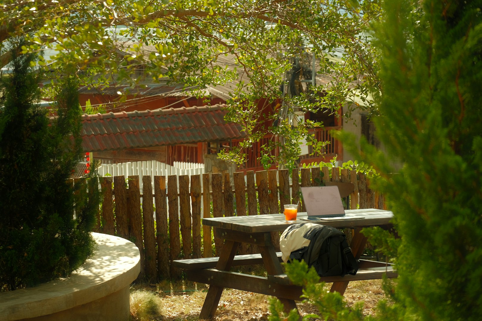 A laptop and drink rest on a wooden picnic table in a sunlit backyard reflecting natural digital detoxing setting. Surrounded by trees and a rustic fence, the setting feels tranquil and inviting.